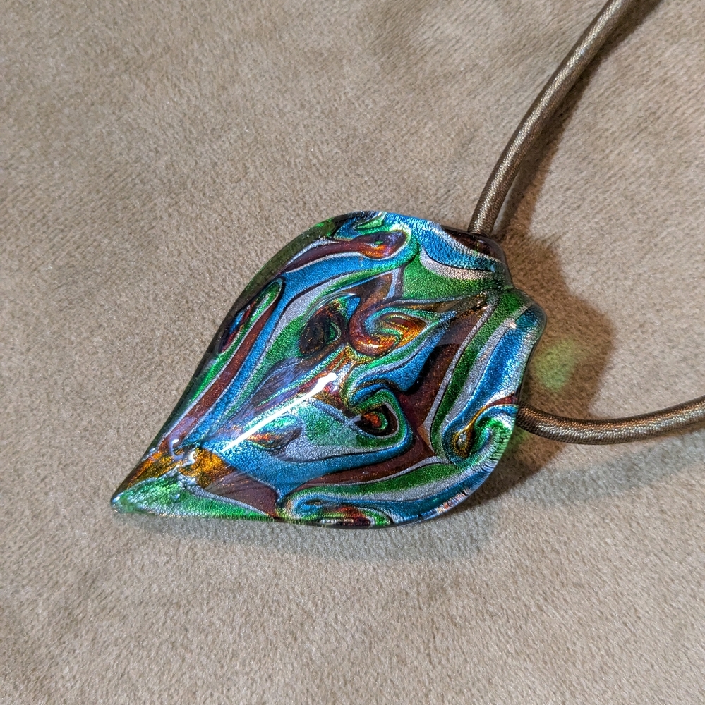 Vintage Art Glass Pendant Leaf Shape Green Silver Brown Satin Chain EUC